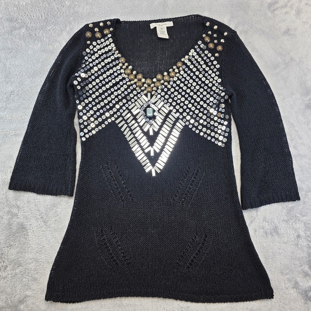 Vertigo Paris Women M Black Sequin Embellished V-Neck Tunic Vintage Sweater